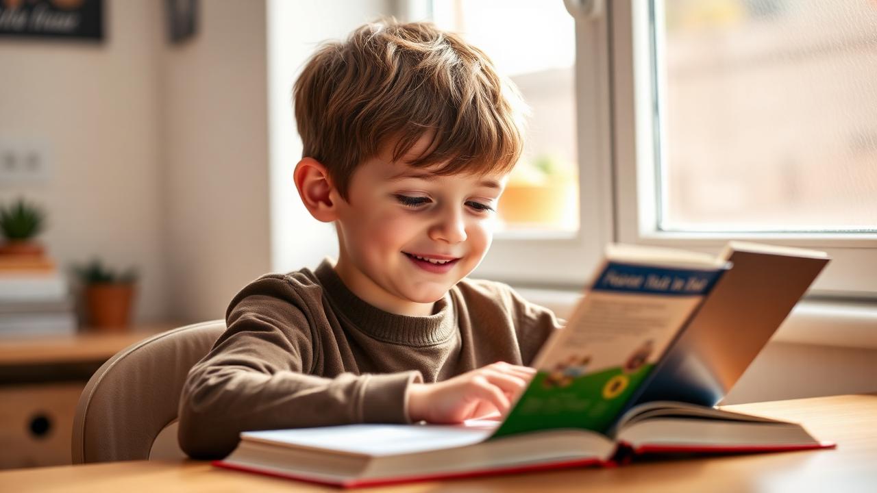 Young boy reading a book at home